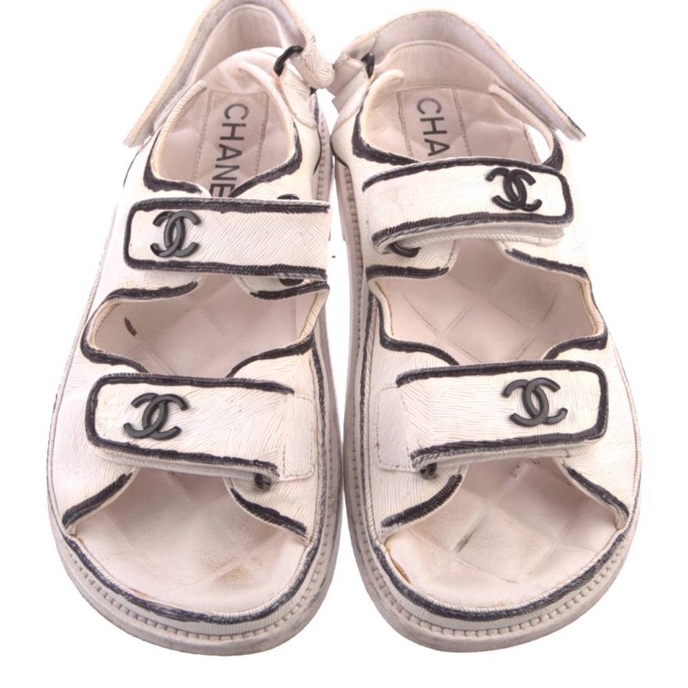 Chanel White Dad Sandals with Black Trim - Picture 1 of 14